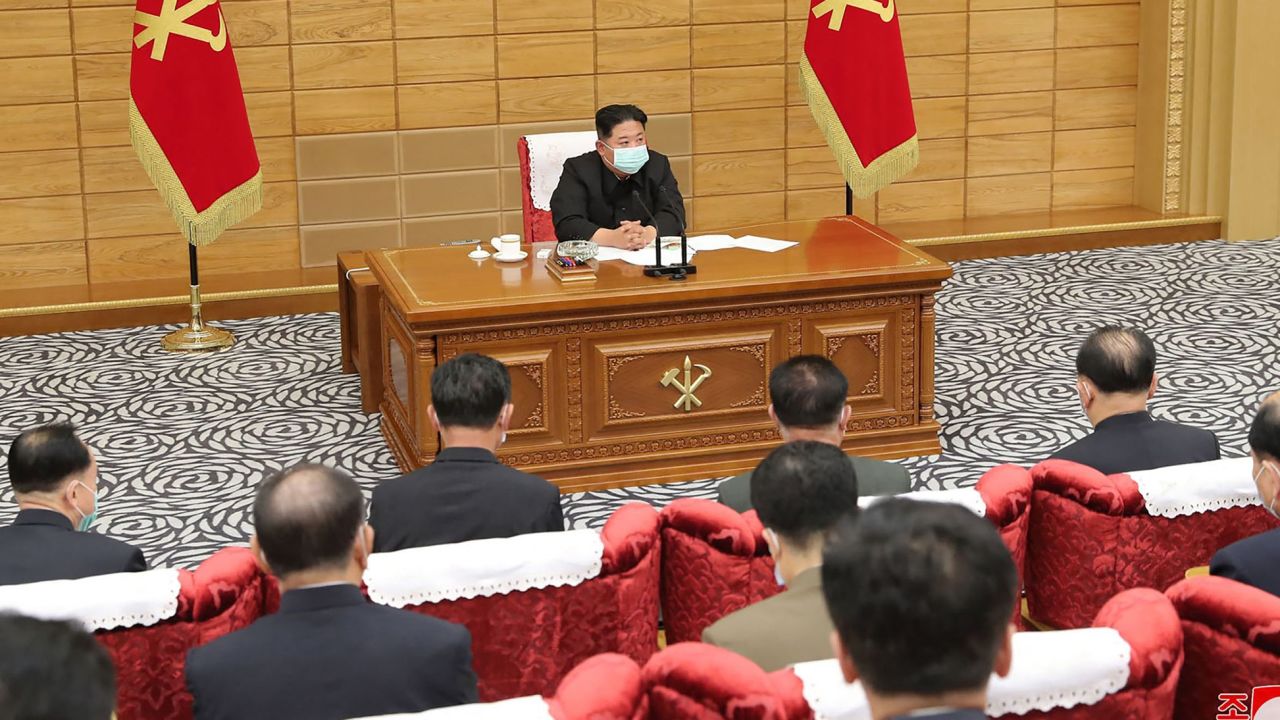 North Korean leader Kim Jong Un presiding over an emergency meeting on Covid-19 prevention measures.