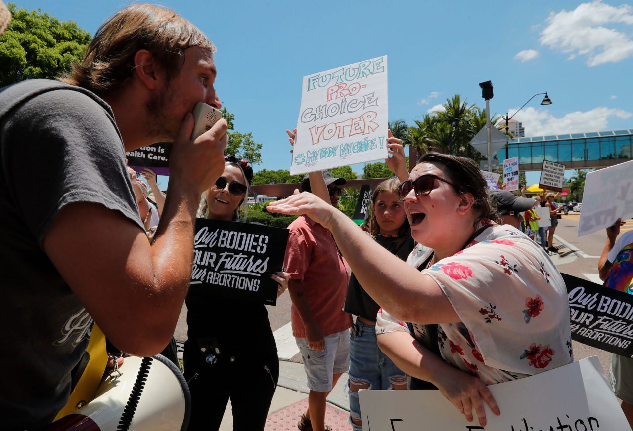 Demonstrators clash during an abortion rights rally in downtown Fort Myers, Florida.
