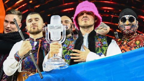 Members of the Kalush Orchestra pose with the winner's trophy after winning the 2022 Eurovision Song Contest on May 14 in Turin.