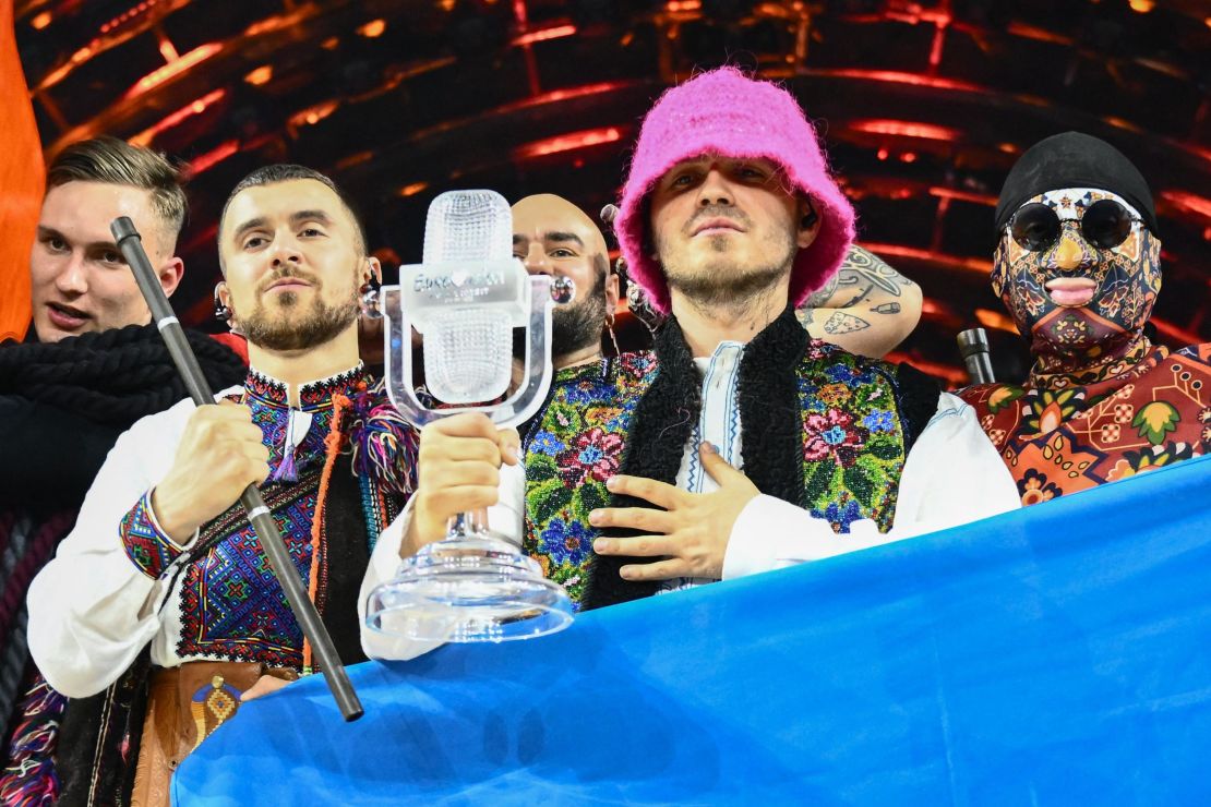 Members of Kalush Orchestra with the winner's trophy  after winning the Eurovision Song contest 2022 on May 14 in Turin.
