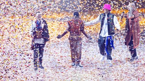 Kalush Orchestra from Ukraine celebrate after winning the Eurovision Song Contest.