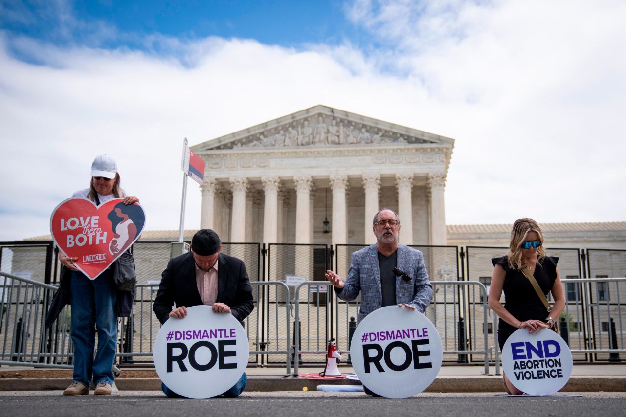 Rev. Patrick Mahoney, center right, leads a small group of anti-abortion activists in prayer in front of the US Supreme Court.