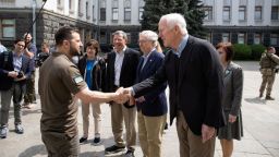 Ukraine's President Volodymyr Zelenskiy welcomes Senator John Cornyn (R-TX), U.S. Senate Minority Leader Mitch McConnell (R-KY), Senator Susan Collins (R-ME) and Senator John Barrasso (R-WY) before a meeting, as Russia's attack on Ukraine continues, in Kyiv, Ukraine May 14, 2022.  Ukrainian Presidential Press Service/Handout via REUTERS ATTENTION EDITORS - THIS IMAGE HAS BEEN SUPPLIED BY A THIRD PARTY. MANDATORY CREDIT