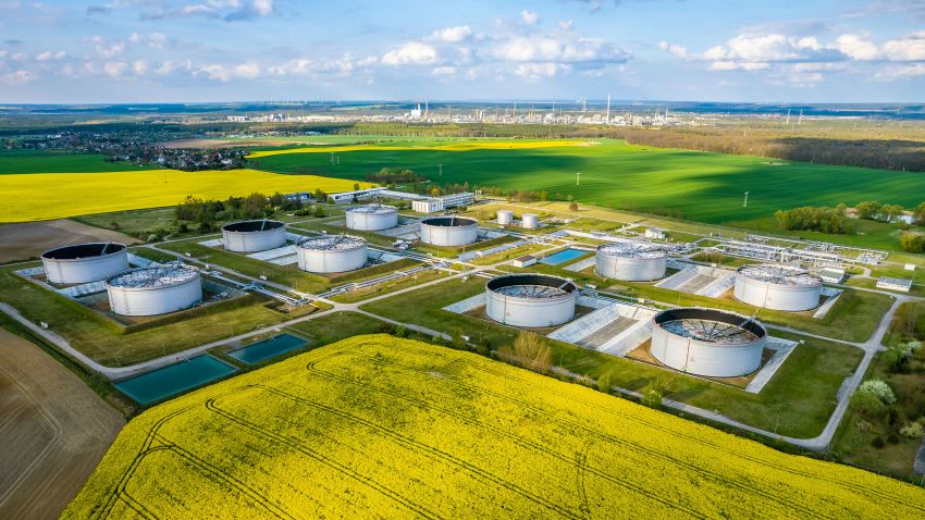 SCHWEDT, GERMANY - MAY 03: In this aerial view, huge tanks for crude oil of the PCK oil refinery, which is majority owned by Russian energy company Rosneft and processes oil coming from Russia via the Druzhba pipeline, stands on May 3, 2022 in Schwedt, Germany. European Union member states are to meet later this week to possibly agree on a phased-in ban on oil imports from Russia after Germany, which relies heavily on Russian energy imports, recently said it was willing to support a ban. (Photo by Hannibal Hanschke/Getty Images)