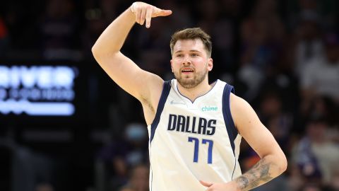 Doncic celebrates after making a three-pointer against the Phoenix Suns.