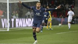Kylian Mbappe celebrates scoring against FC Lorient on April 3, 2022 at Parc des Princes.