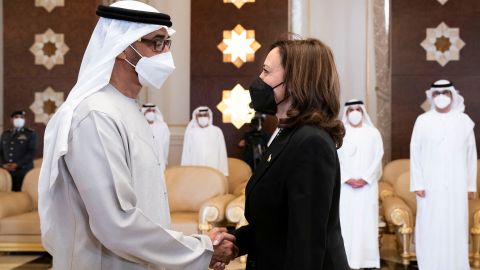 U.S. Vice President Kamala Harris offers condolences to United Arab Emirates' President and ruler of Abu Dhabi Sheikh Mohammed bin Zayed al-Nahyan after the death of UAE's President Sheikh Khalifa bin Zayed al-Nahyan at the Presidential Airport in Abu Dhabi, United Arab Emirates, May 16, 2022. United Arab Emirates Ministry of Presidential Affairs/Handout via REUTERS ATTENTION EDITORS - THIS PICTURE WAS PROVIDED BY A THIRD PARTY