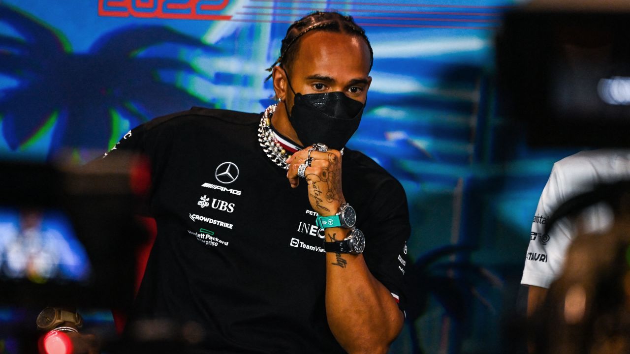 Mercedes' Lewis Hamilton attends the press conference ahead of the first practice ahead of the Miami Grand Prix.