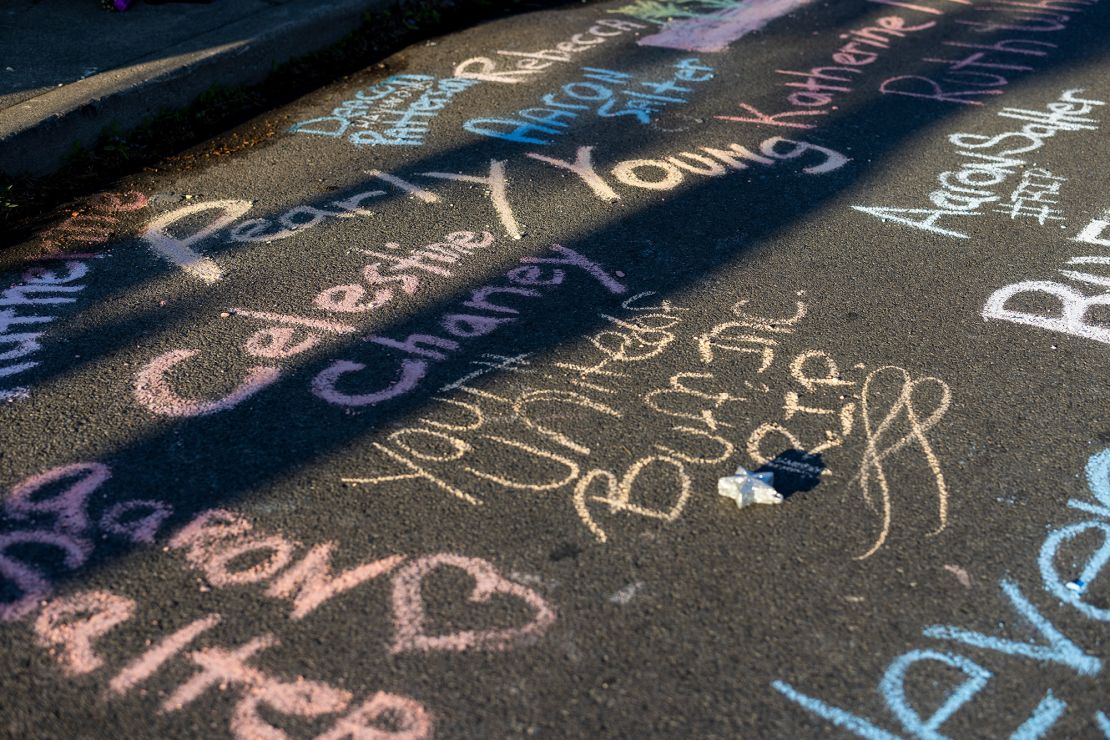 Victims names are written in chalk near the supermarket.