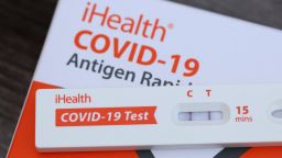 A positive Covid-19 at home test is displayed on May 02, 2022 in San Anselmo, California. Covid cases are on the rise across most of the United States with an estimated 51 percent increase in cases over the past 14 days. 