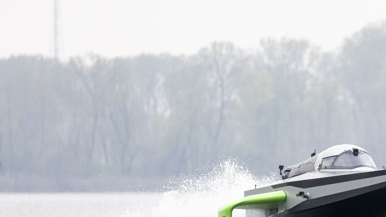 7th April 2022. San Nazzaro. Italy.
Pictures of the E1 Race Series 'RaceBird' RB01. The foiling electric race boat shown here testing for the first time.
Photo by Lloyd Images