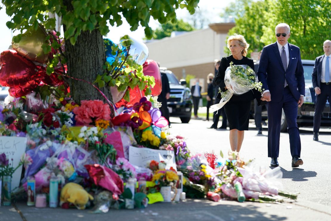 President Joe Biden and first lady Jill Biden came to the scene Tuesday to pay respects and speak to families of the victims.