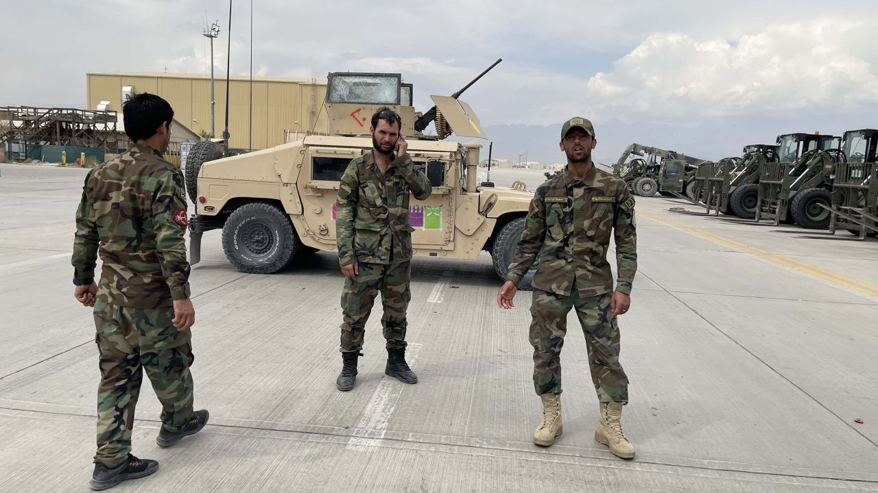 Afghan National Army troops keep watch after US forces left Bagram airfield in the north of Kabul, Afghanistan, on July 5, 2021.