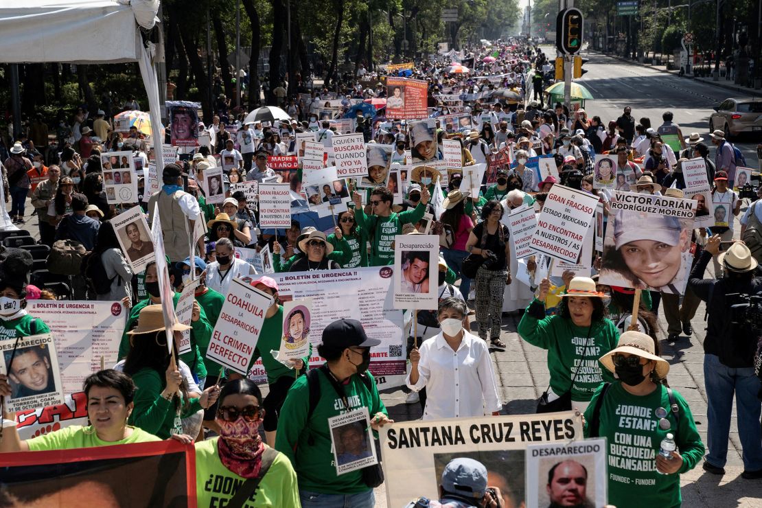 Families with disappeared loved ones protest in Mexico City on May 10.