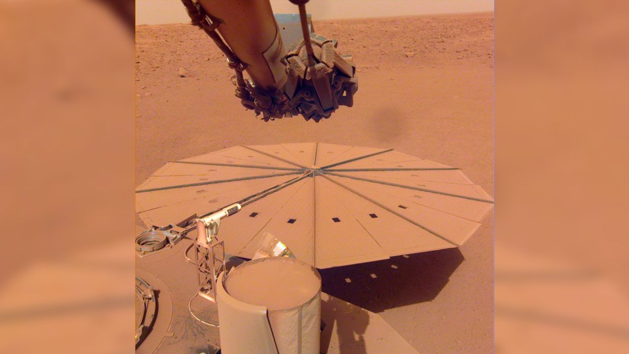 InSight captured this image of one of its dust-covered solar panels on April 24.