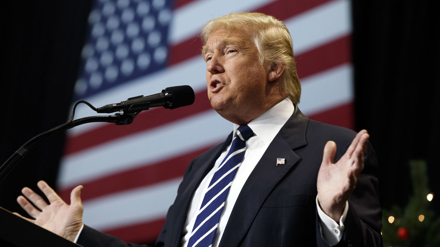 Then President-elect Donald Trump speaks during a rally at the Wisconsin State Fair Exposition Center in West Allis, Wisconsin, in December 2016. Two Wisconsin Democratic electors and a voter on Tuesday sued Republicans who attempted to cast electoral ballots for Trump in 2020 despite Joe Biden's victory in the battleground state. 