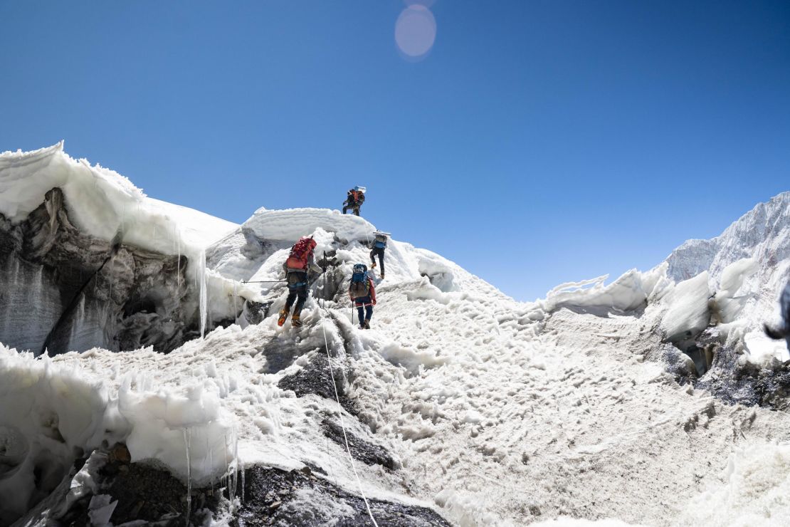 The team were the first to climb the mountain since 2020, and so had to fix lines and set up camps which would normally have already been established.