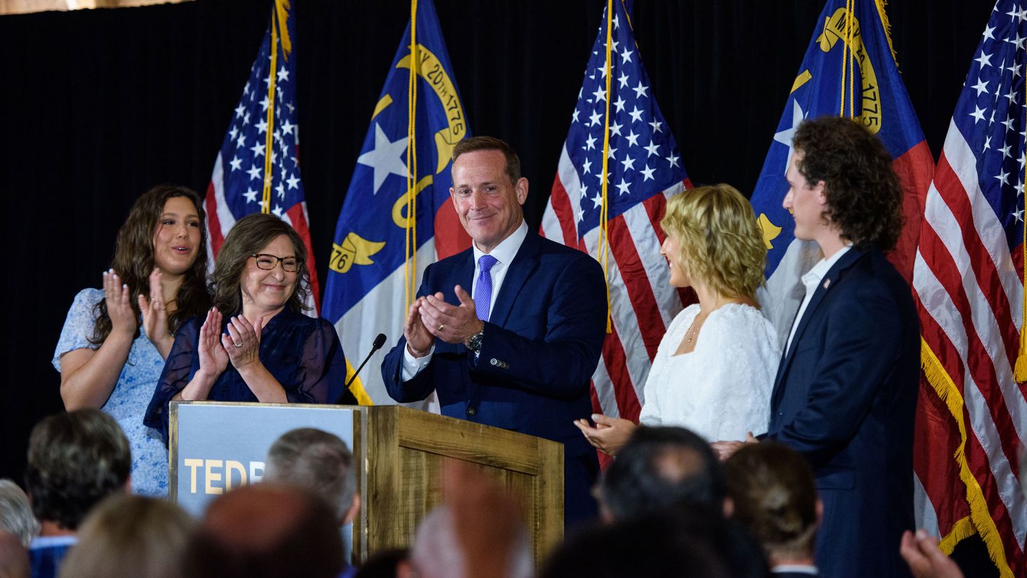 Rep. Ted Budd, North Carolina GOP candidate for Senate, celebrates his Republican nomination with his family at a Primary election night watch party.