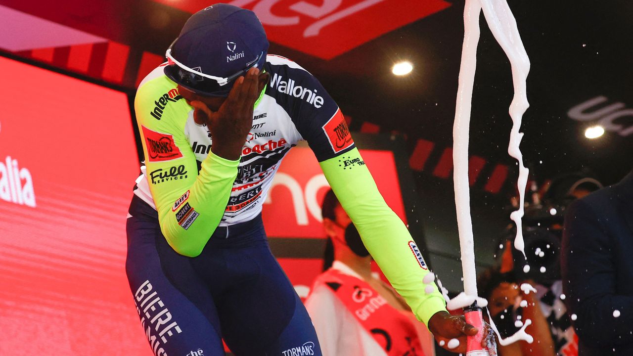 Biniam Girmay accidentally popped a cork into his eye after the 10th stage of the Giro d'Italia.