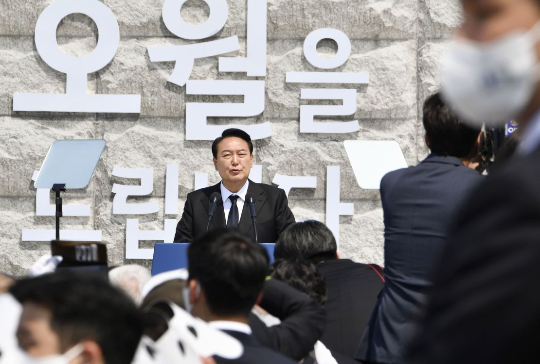 South Korean President Yoon Suk Yeol delivers a speech in Gwangju on May 18, 2022, at a ceremony marking the 42nd anniversary of a 1980 pro-democracy uprising in the southwestern city. 