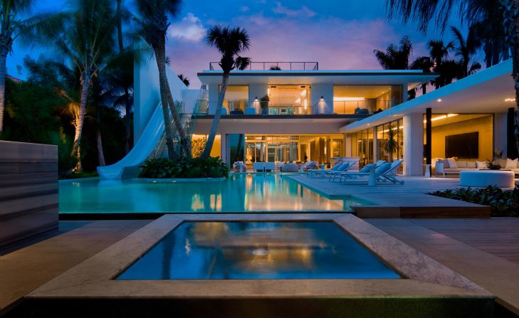 <strong>"Pine Tree" --</strong> A SAOTA property that sold for <a href="index.php?page=&url=https%3A%2F%2Fwww.saota.com%2Fmiami-home-sells-for-highest-price-in-two-years%2F" target="_blank" target="_blank">$22.5 million</a> in 2017, this Miami pad is an adult playground, featuring a slide from the first floor down to the swimming pool. 