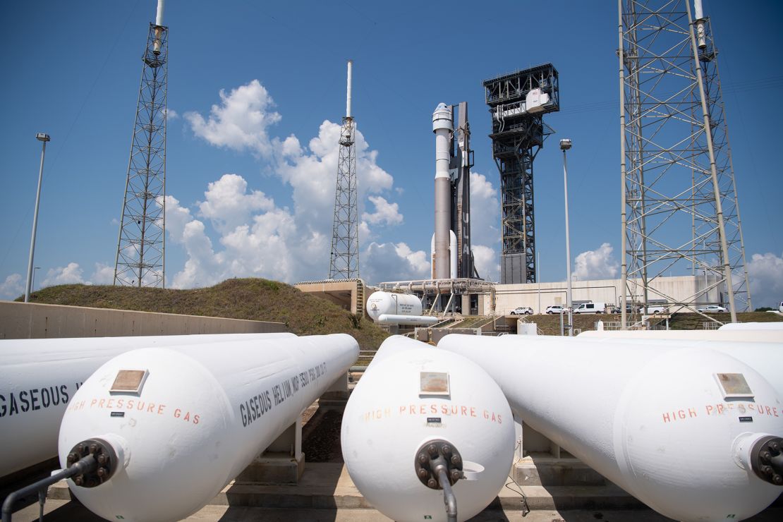 A United Launch Alliance Atlas V rocket with Boeing's CST-100 Starliner spacecraft aboard is seen after being rolled out of the Vertical Integration Facility to the launch pad at Space Launch Complex 41 ahead of the Orbital Flight Test-2 (OFT-2) mission, Wednesday, May 18, 2022 at Cape Canaveral Space Force Station in Florida. 