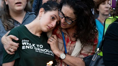 İnsanlar, 28 Ekim 2018'de Pittsburgh'daki Hayat Ağacı Sinagogu'na yapılan silahlı saldırının kurbanları için dinler arası bir nöbet için toplanıyor.