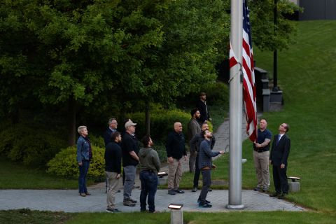 An American flag is raised for the first time after US diplomats returned to the US embassy in Kyiv, Ukraine, on Wednesday, May 18. US Secretary of State Antony Blinken announced Wednesday that the <a href=