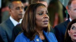 New York Attorney General Letitia James, center, accompanied by Buffalo Mayor Byron Brown, left, New York Gov. Kathy Hochul, right, and other officials, speaks with members of the media during a news conference near the scene of a shooting at a supermarket, in Buffalo, N.Y., Sunday, May 15, 2022.