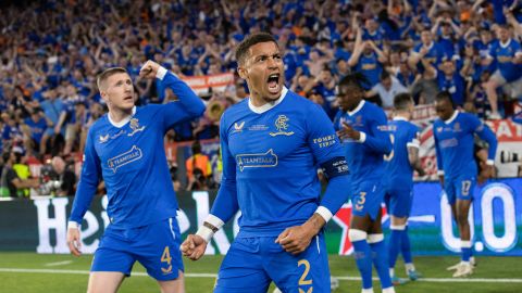 Rangers' James Tavernier celebrates after Aribo's opener.