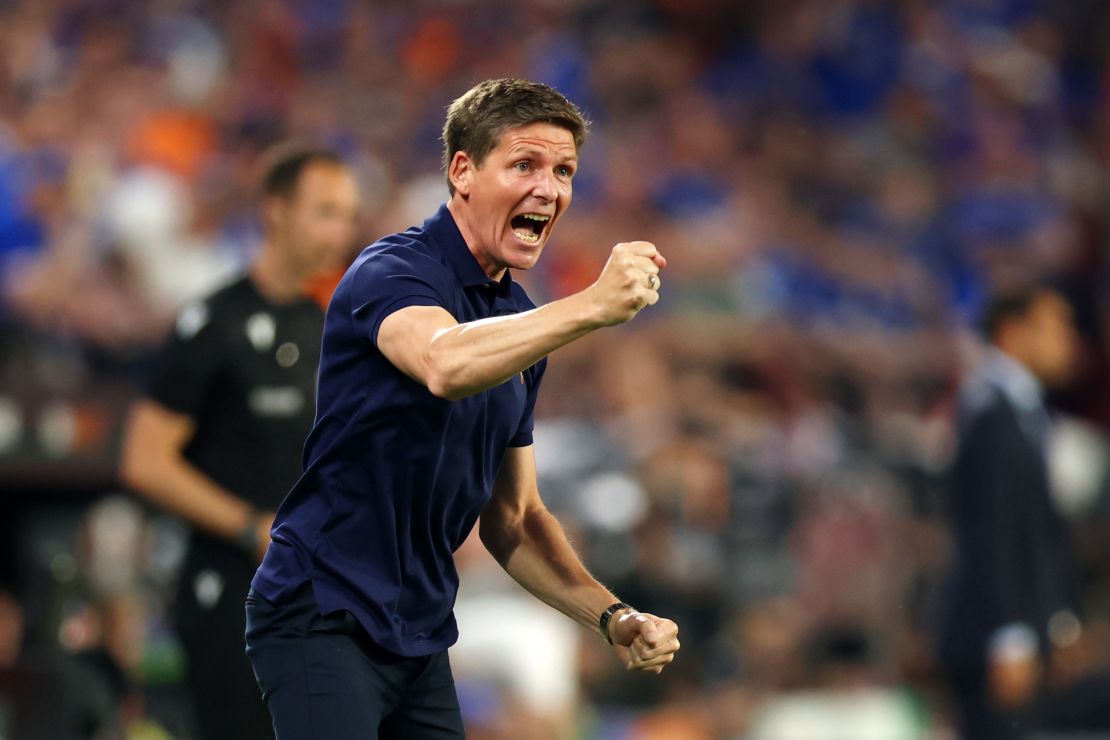 Frankfurt head coach Oliver Glasner roars his side on.