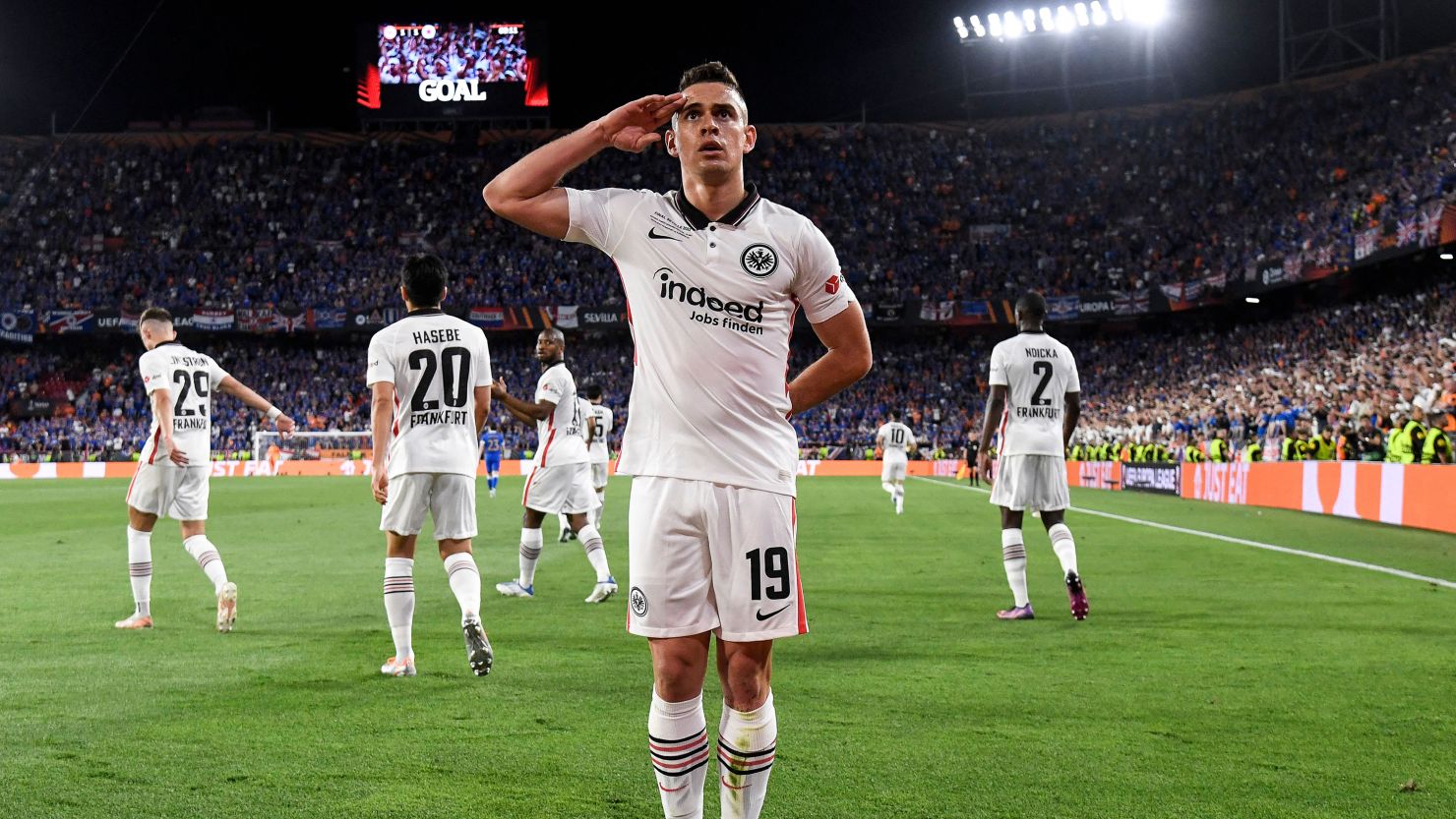 Frankfurt's Colombian striker Rafael Borre celebrates scoring his team's first goal.
