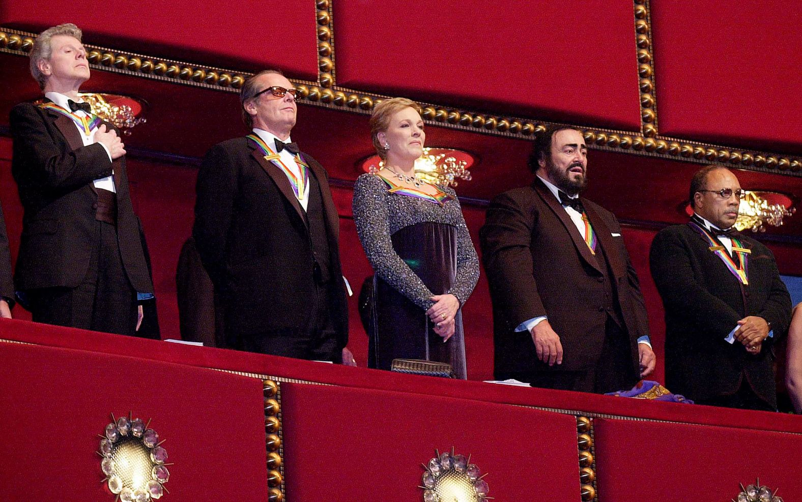 Andrews was one of the Kennedy Center honorees in 2001. From left are pianist Van Cliburn, actor Jack Nicholson, Andrews, tenor Luciano Pavarotti and music producer Quincy Jones.