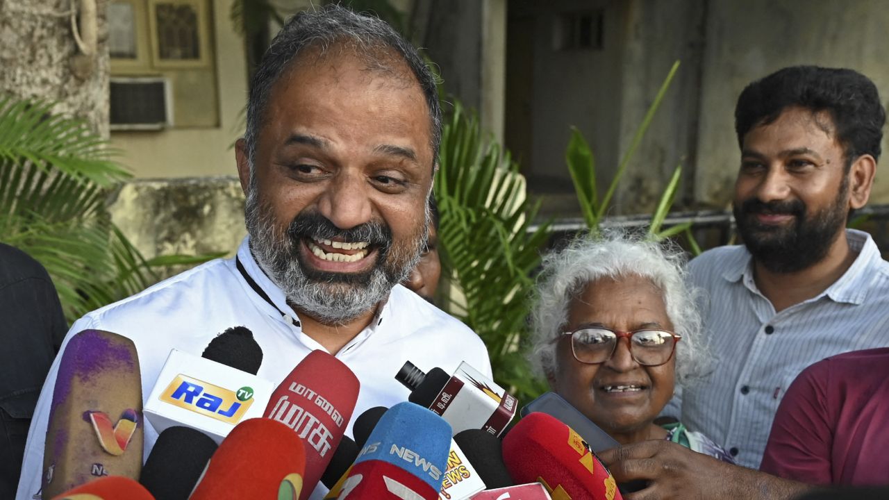 A.G. Perarivalan, who was jailed over the assassination of former prime minister Rajiv Gandhi, speaks to the media outside his home in Chennai on May 18.