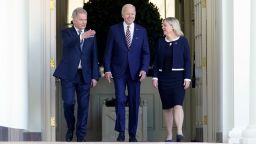 President Joe Biden walks with Prime Minister Magdalena Andersson of Sweden and President Sauli Niinisto of Finland as they arrive at the White House in Washington, Thursday May 19, 2022. 