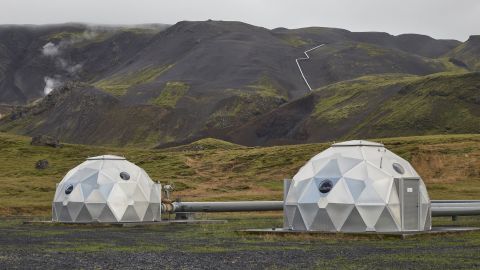 Pods containing technology for storing carbon dioxide underground at the Iceland carbon removal site.