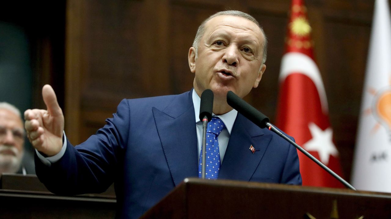 Turkish President Recep Tayyip Erdogan gives a speech in Ankara, Turkey, on May 18, 2022. Turkey will not approve Sweden's NATO membership if the country does not extradite "terrorists" upon Turkish request, Erdogan said Wednesday. (Photo by Mustafa Kaya/Xinhua via Getty Images)