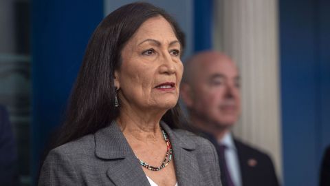 Secretary of the Interior Deb Haaland speaks with other White House senior officials and Cabinet Members during a press briefing marking six months since President Biden signed the Infrastructure Bill in the Briefing Room of the White House in Washington, DC on Monday, May 16, 2022.
Cabinet Members and senior officials speak on six month anniversary of Infrastructure Bill, Washington, District of Columbia, United States - 16 May 2022