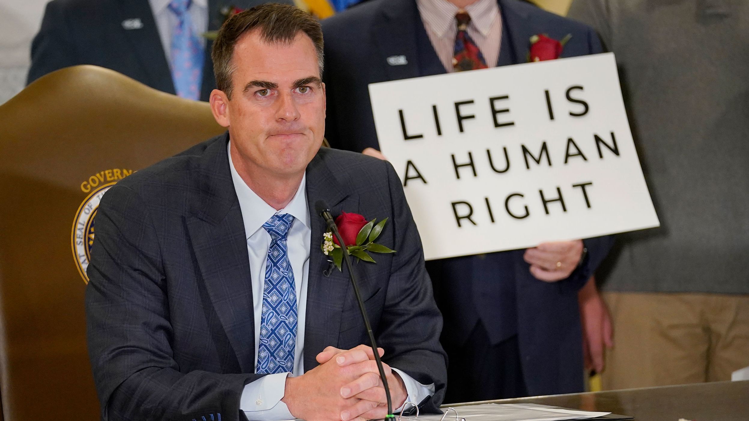 Oklahoma Gov. Kevin Stitt speaks after signing into law a bill that would make performing or attempting to perform an abortion a felony.