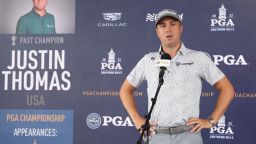 TULSA, OKLAHOMA - MAY 17: Justin Thomas of the United States speaks during a press conference during a practice round prior to the start of the 2022 PGA Championship at Southern Hills Country Club on May 17, 2022 in Tulsa, Oklahoma. (Photo by Maddie Meyer/PGA of America/PGA of America via Getty Images )
