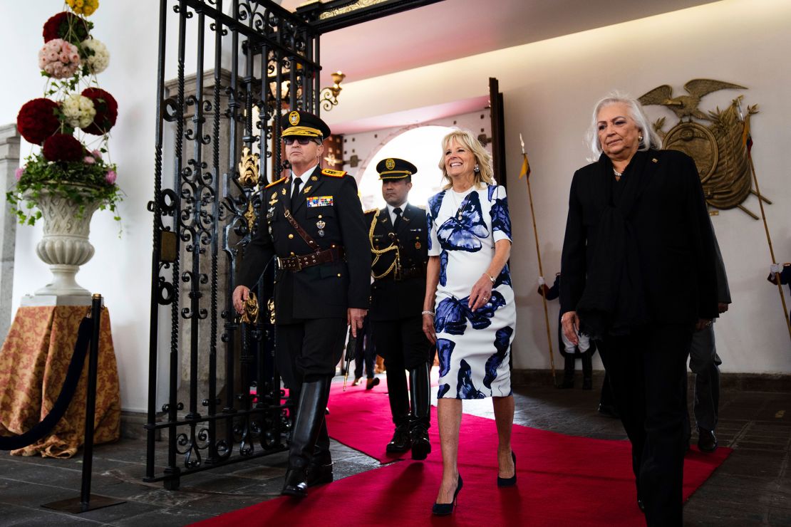 First lady Jill Biden arrives at the Carondelet Palace in Quito, Ecuador, Thursday, May 19, 2022. 