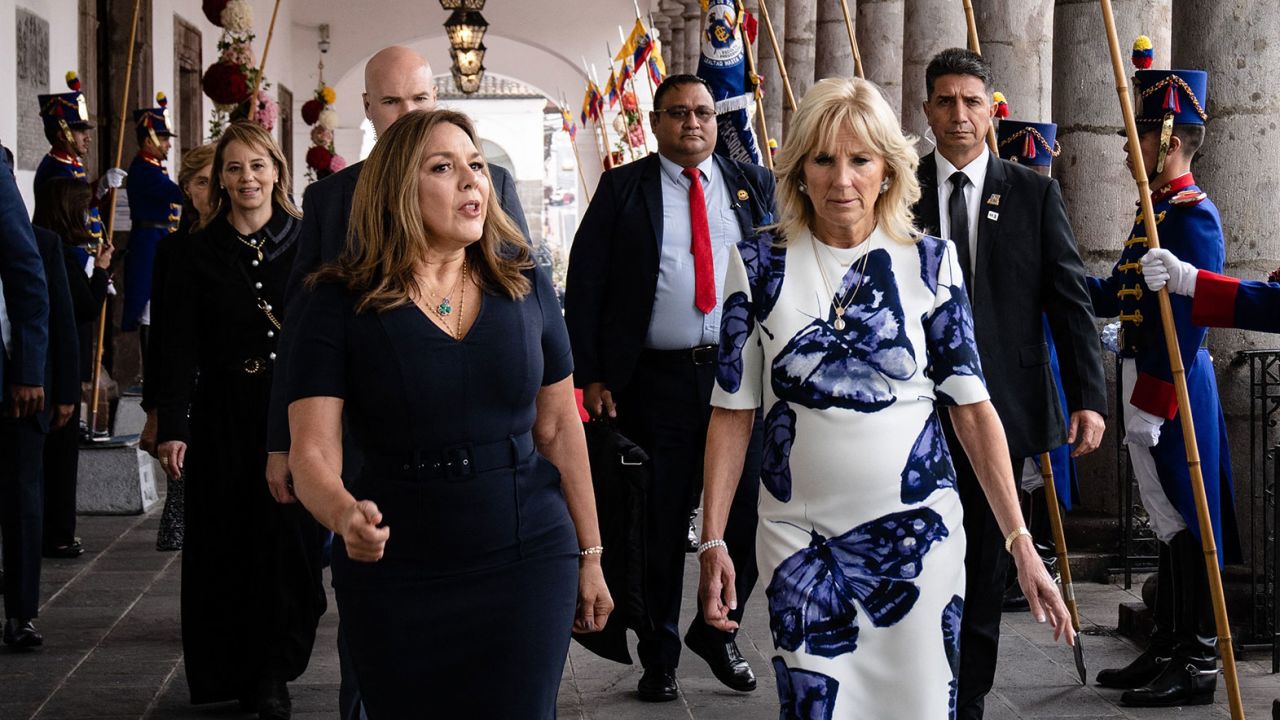First Lady Jill Biden walks with First Lady of Ecuador Maria de Lourdes Alcivar de Lasso at the Carondelet Palace in Quito, Ecuador on May 19, 2022. 