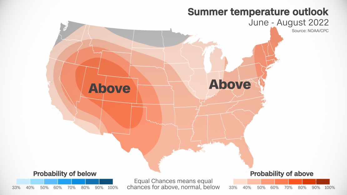 The summer temperature outlook calls for above normal temperatures for much of the contiguous US. 