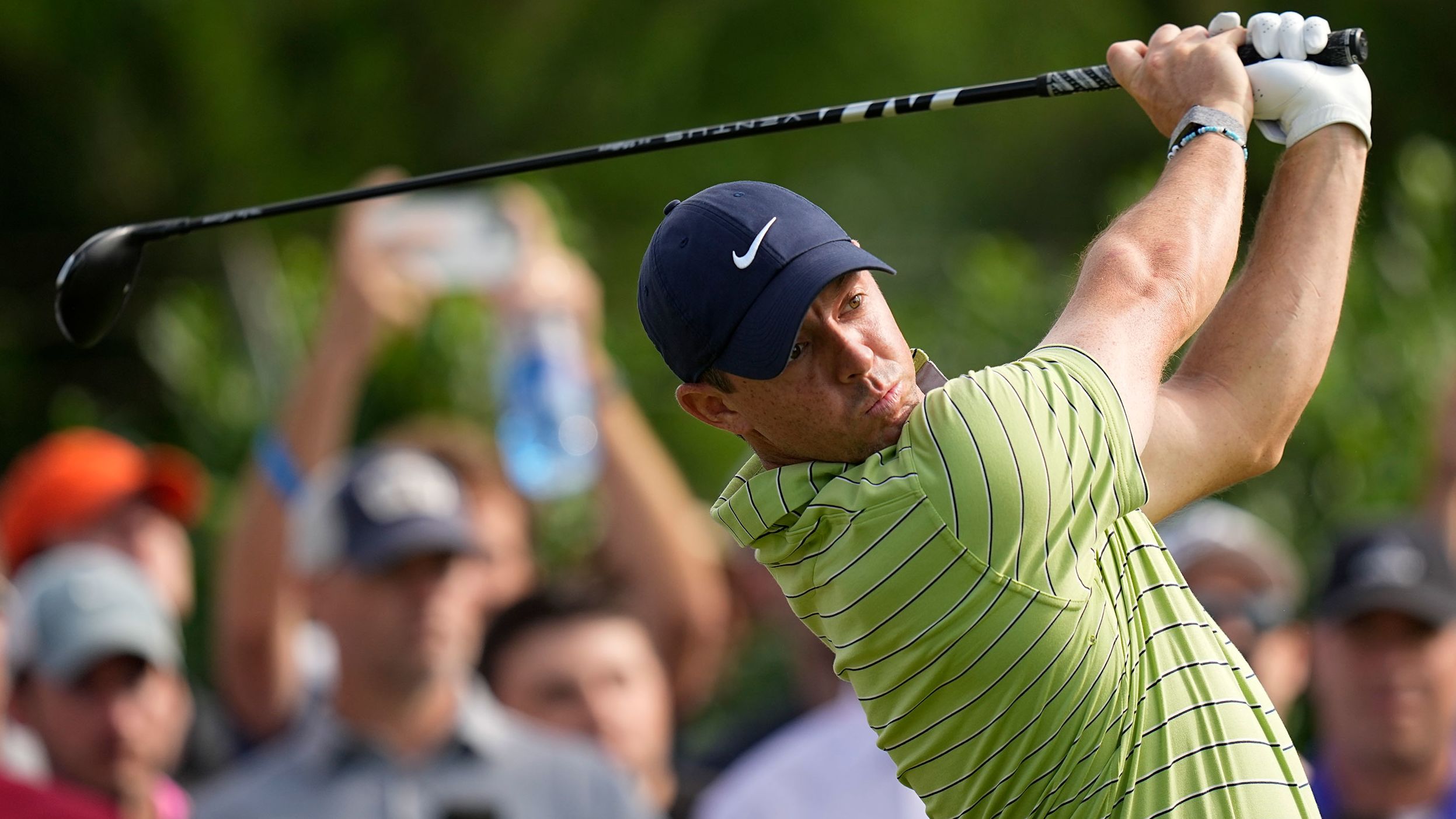 Rory McIlroy watches his tee shot on the 15th hole during the first round of the PGA Championship on Thursday, May 19.