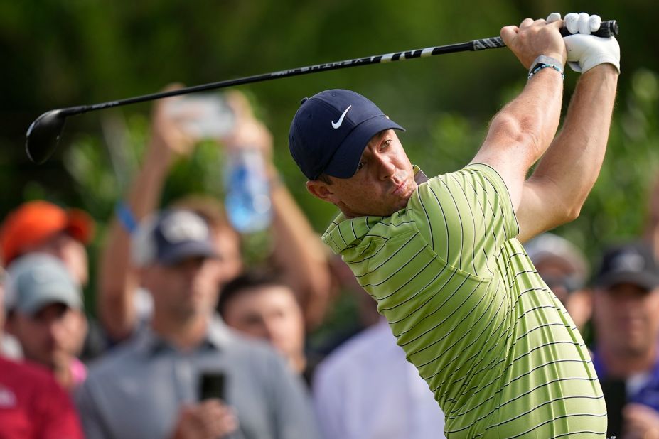 Rory McIlroy watches his tee shot on the 15th hole during the first round of the PGA Championship on Thursday, May 19.