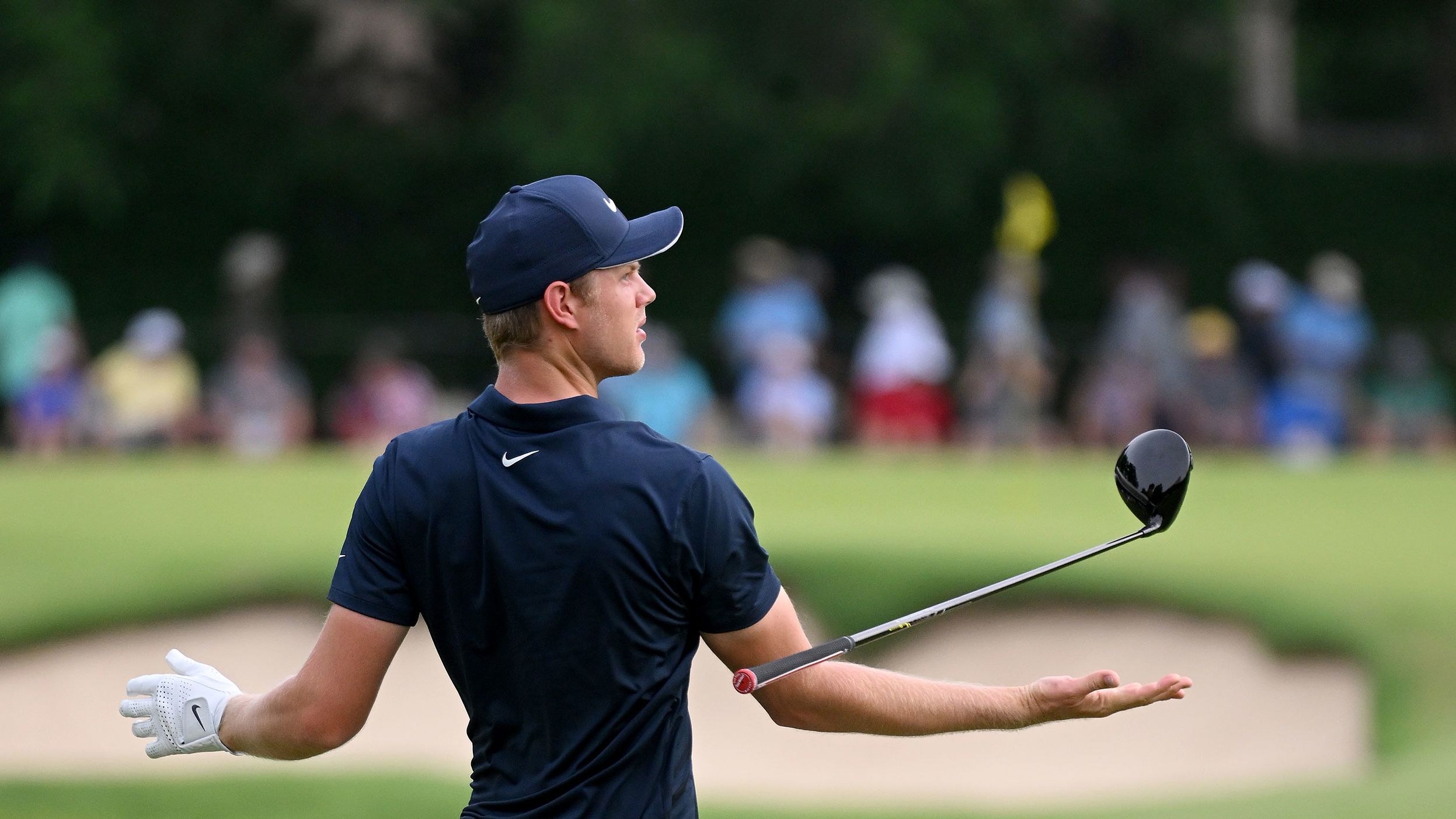 Cameron Davis reacts after his tee shot on the third hole.