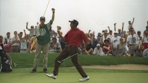 As we take a look at some of the most talented prodigies in the history of golf, where better to start than Tiger Woods: Six junior world championships to his name, the only player to win three US junior championships in a row, and a three-peat winner of the US amateur from 1994 to 1996. Woods turned pro in August 1996. Within a year, he'd scooped three PGA Tour events, become the youngest winner of The Masters at 21, and become the fastest player to reach No. 1 after turning professional, just 290 days into his pro career. Pictured, Woods at the 1996 US Amateur Championships.<br />