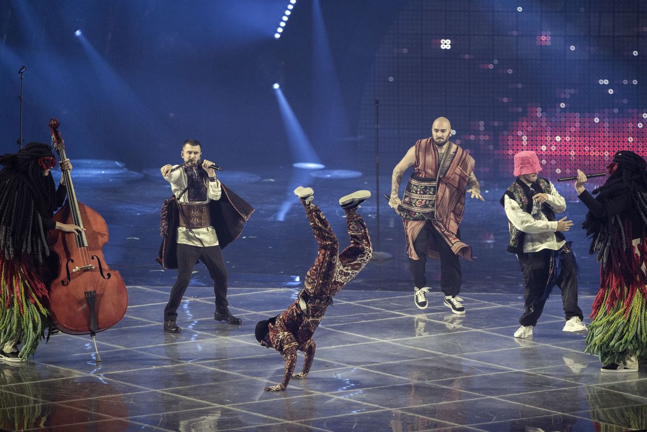 Ukraine's folk-rap group Kalush Orchestra performs during the Eurovision Song Contest finals in Turin, Italy, on Saturday, May 14. The group<a href="https://www.cnn.com/2022/05/14/entertainment/ukraine-wins-eurovision-song-contest-2022-after-russian-invasion-intl/index.html" target="_blank"> clinched the country's third win.</a> The event marked the first major cultural event in which Ukrainians have taken part since Russia invaded in February, and many in the audience waved Ukraine's blue and yellow national flag.