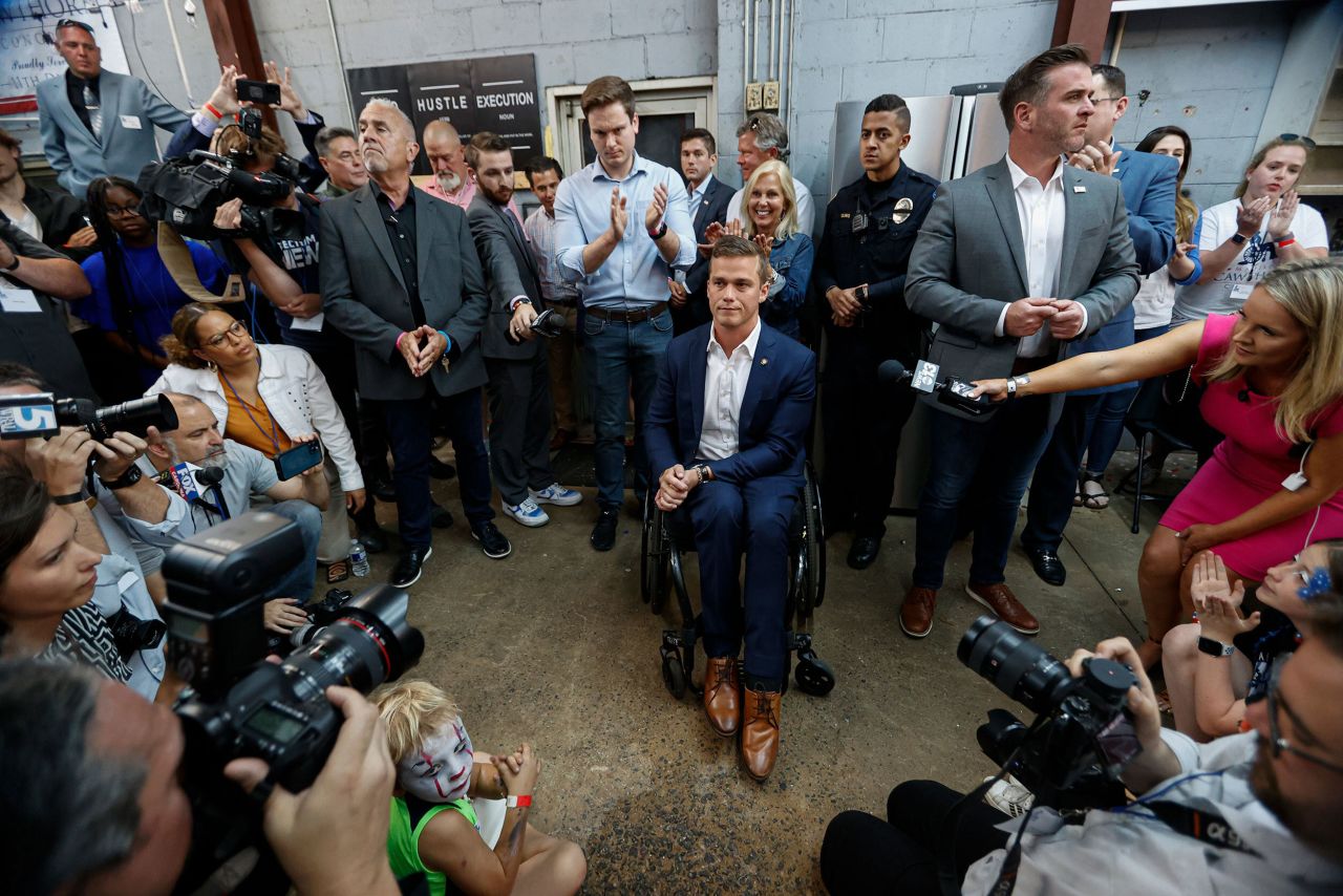 <a href="https://www.cnn.com/2022/03/31/politics/madison-cawthorn-background-controversy/index.html" target="_blank">US Rep. Madison Cawthorn</a> is surrounded by members of the media as he speaks to supporters at his election night watch party in Hendersonville, North Carolina, on Tuesday, May 17. Cawthorn <a href="https://www.cnn.com/2022/05/17/politics/madison-cawthorn-chuck-edwards-north-carolina/index.html" target="_blank">conceded his race </a>in the GOP primary for the state's 11th District to opponent Chuck Edwards.