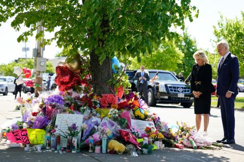 President Joe Biden and first lady Jill Biden pay their respects on Tuesday, May 17, at a makeshift memorial for the victims of Saturday's mass shooting in Buffalo, New York. President Biden on Tuesday <a href=